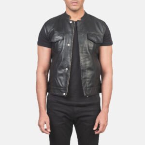Atlas Moto Black Leather Vest for Men, Motorcycle Biker Vest, Classic Sleeveless Leather Waistcoat, Rugged Moto Outerwear