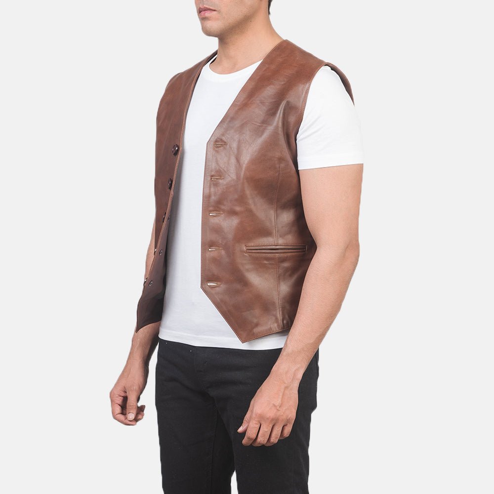 Auden Brown Leather Vest for Men, Classic Motorcycle Biker Vest, Sleeveless Leather Waistcoat, Rugged Moto Outerwear - Image 3