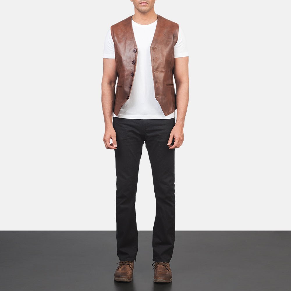 Auden Brown Leather Vest for Men, Classic Motorcycle Biker Vest, Sleeveless Leather Waistcoat, Rugged Moto Outerwear - Image 2