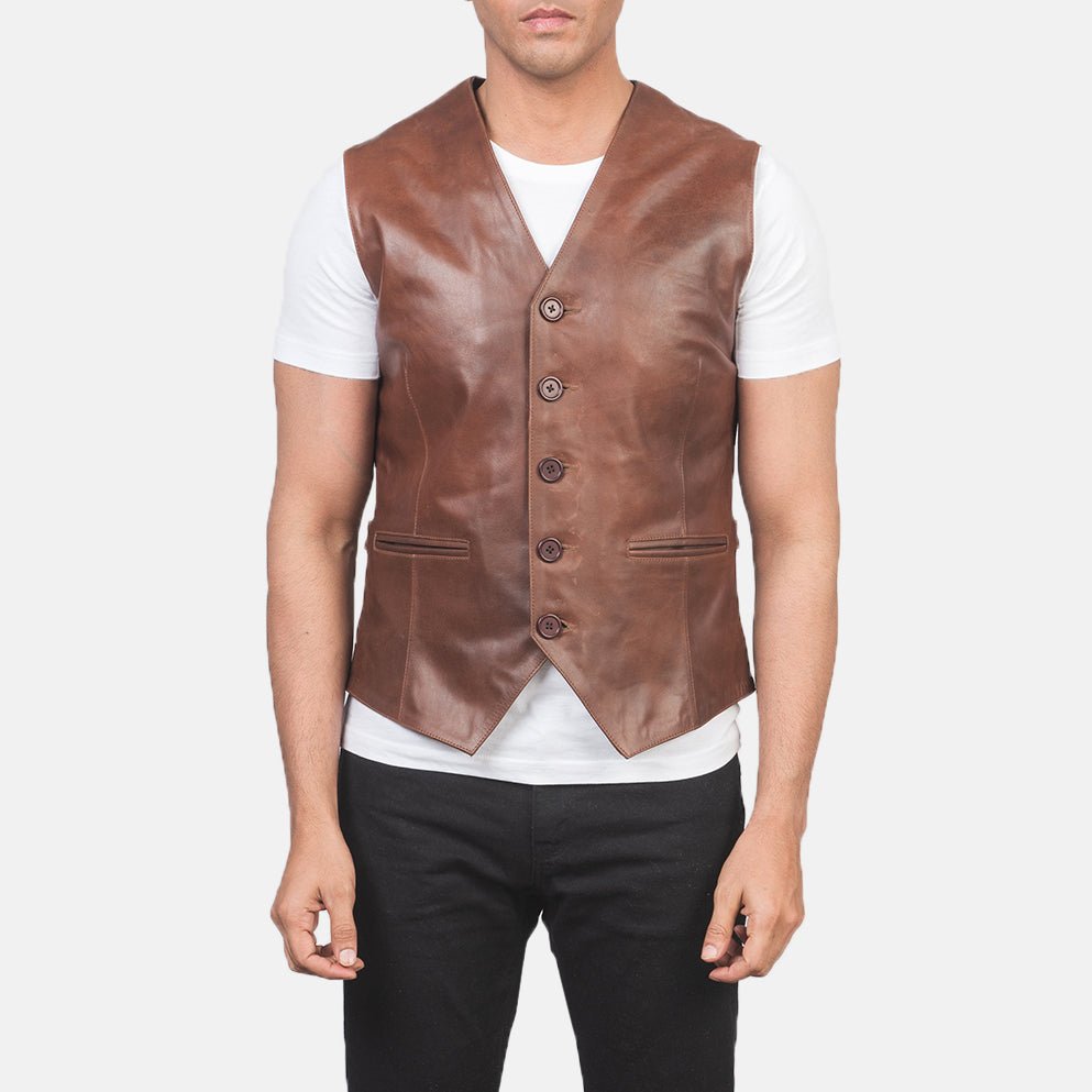 Auden Brown Leather Vest for Men, Classic Motorcycle Biker Vest, Sleeveless Leather Waistcoat, Rugged Moto Outerwear - Image 5