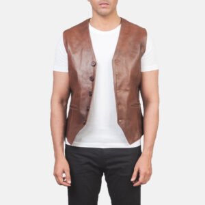 Auden Brown Leather Vest for Men, Classic Motorcycle Biker Vest, Sleeveless Leather Waistcoat, Rugged Moto Outerwear