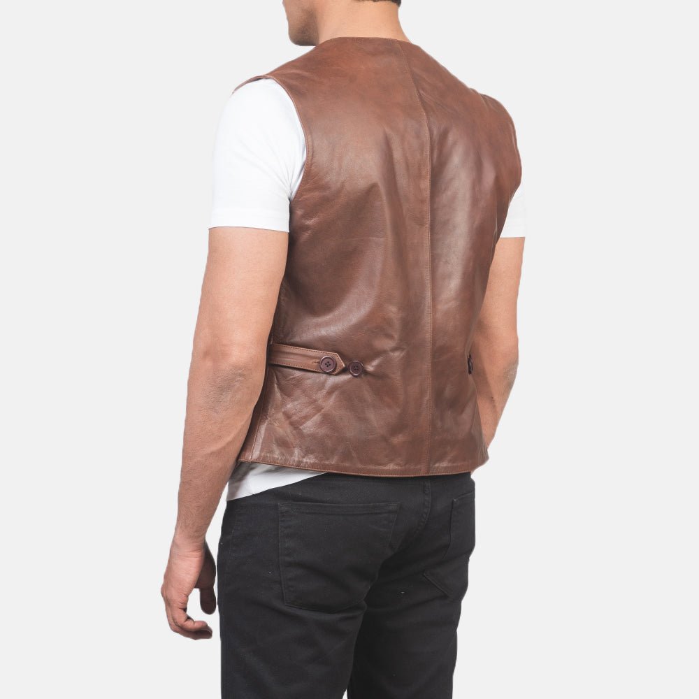 Auden Brown Leather Vest for Men, Classic Motorcycle Biker Vest, Sleeveless Leather Waistcoat, Rugged Moto Outerwear - Image 4
