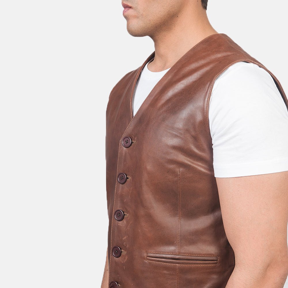 Auden Brown Leather Vest for Men, Classic Motorcycle Biker Vest, Sleeveless Leather Waistcoat, Rugged Moto Outerwear - Image 6