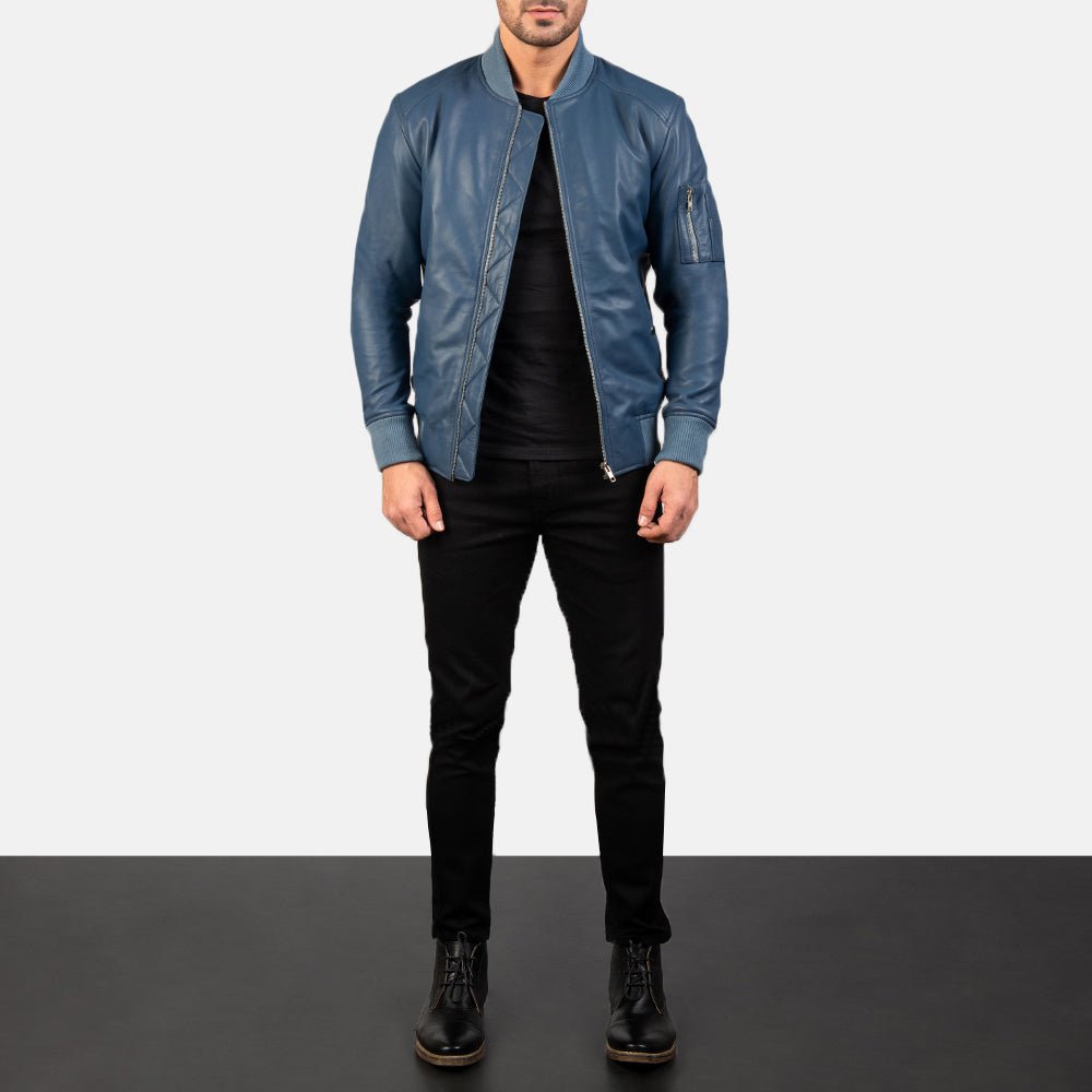 Men's Bomia MA-1 Blue Leather Bomber Jacket, Stylish Flight Outerwear - Image 3