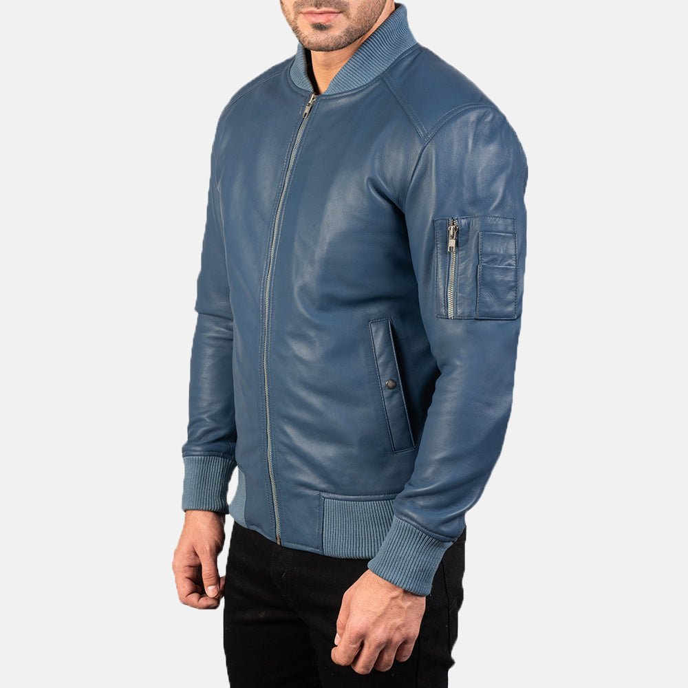 Men's Bomia MA-1 Blue Leather Bomber Jacket, Stylish Flight Outerwear - Image 2
