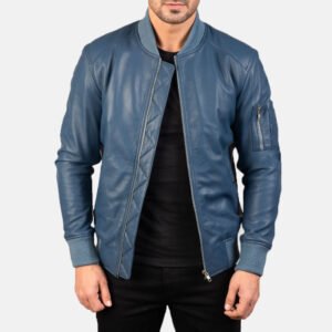 Men's Bomia MA-1 Blue Leather Bomber Jacket, Stylish Flight Outerwear