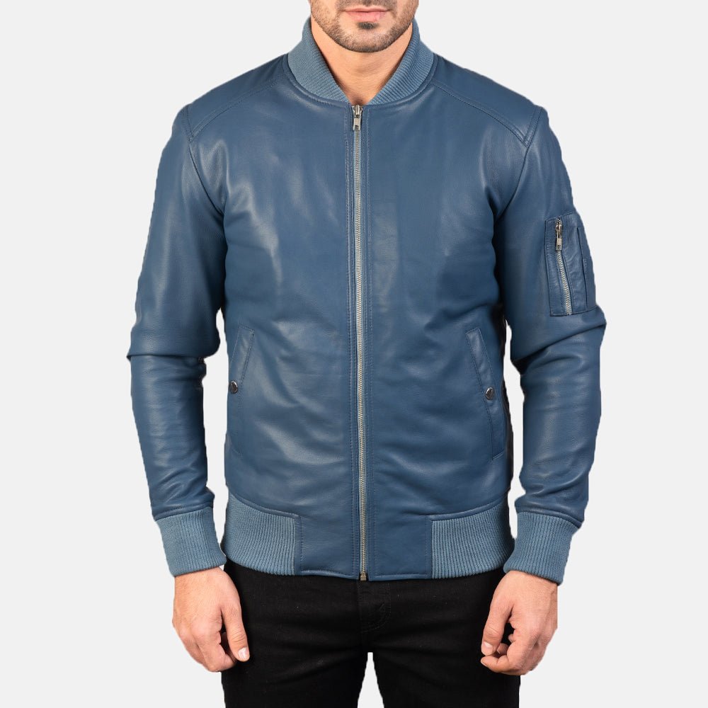 Men's Bomia MA-1 Blue Leather Bomber Jacket, Stylish Flight Outerwear - Image 4