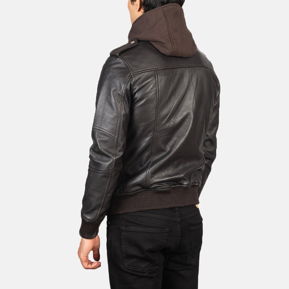 Bravado Brown Hooded Leather Bomber Jacket for Men, Classic Zip-Up Bomber, Casual Moto Jacket, Stylish Streetwear Outerwear - Image 3