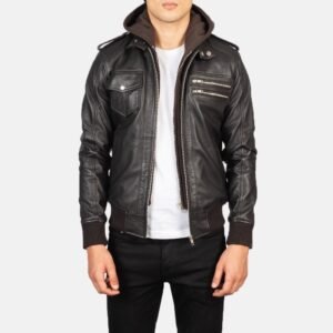 Bravado Brown Hooded Leather Bomber Jacket for Men, Classic Zip-Up Bomber, Casual Moto Jacket, Stylish Streetwear Outerwear