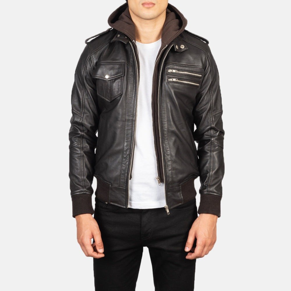 Bravado Brown Hooded Leather Bomber Jacket for Men, Classic Zip-Up Bomber, Casual Moto Jacket, Stylish Streetwear Outerwear