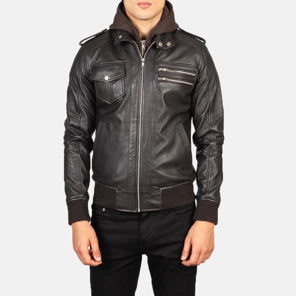 Bravado Brown Hooded Leather Bomber Jacket for Men, Classic Zip-Up Bomber, Casual Moto Jacket, Stylish Streetwear Outerwear - Image 4