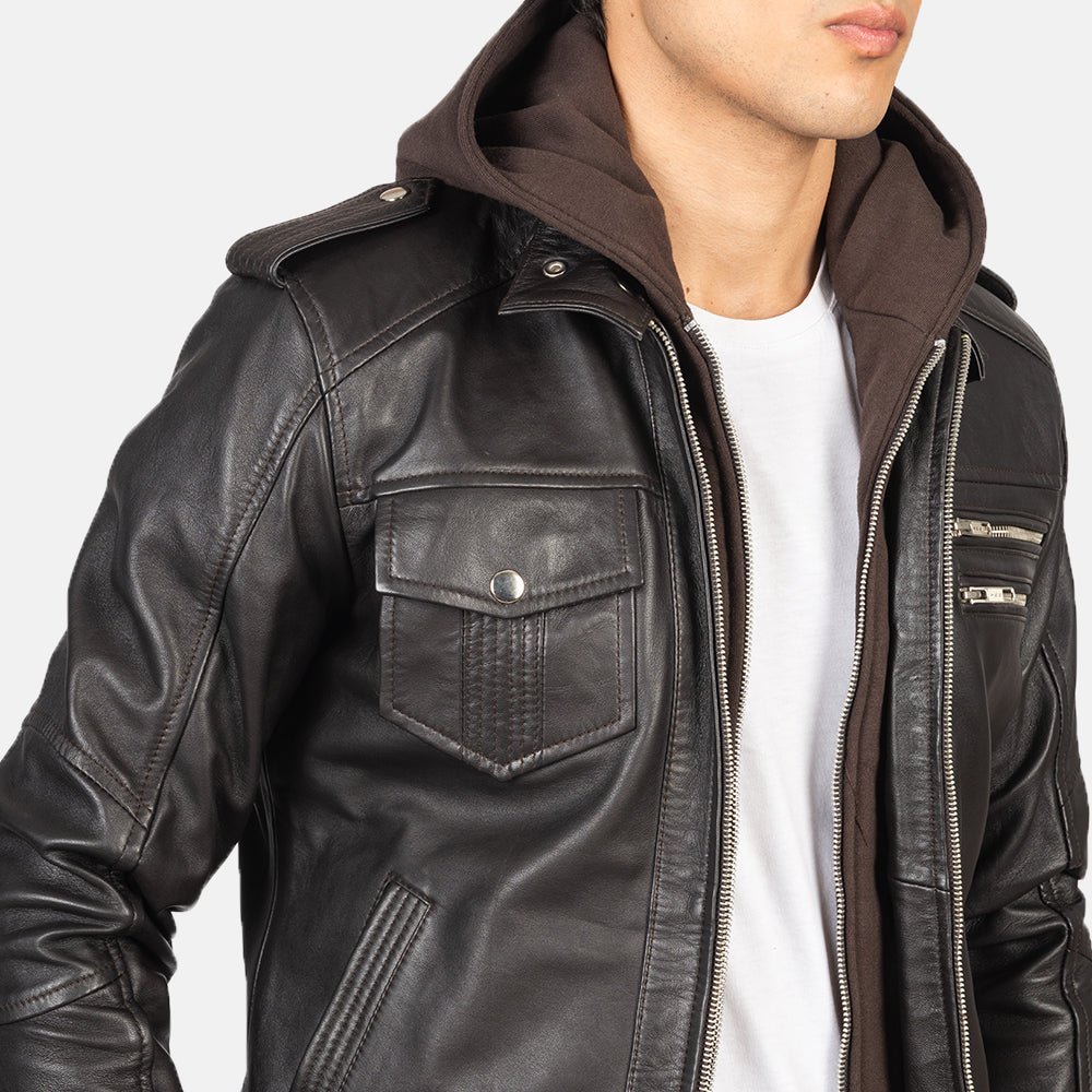 Bravado Brown Hooded Leather Bomber Jacket for Men, Classic Zip-Up Bomber, Casual Moto Jacket, Stylish Streetwear Outerwear - Image 5