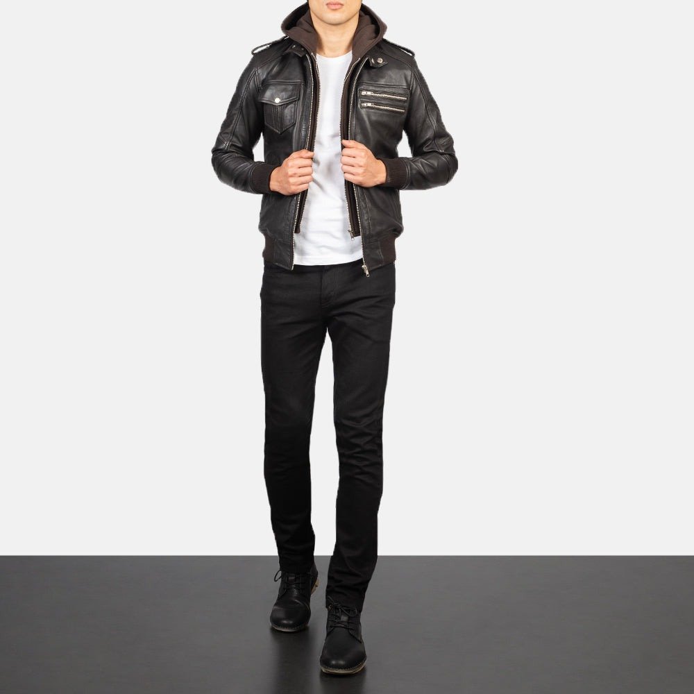 Bravado Brown Hooded Leather Bomber Jacket for Men, Classic Zip-Up Bomber, Casual Moto Jacket, Stylish Streetwear Outerwear - Image 2