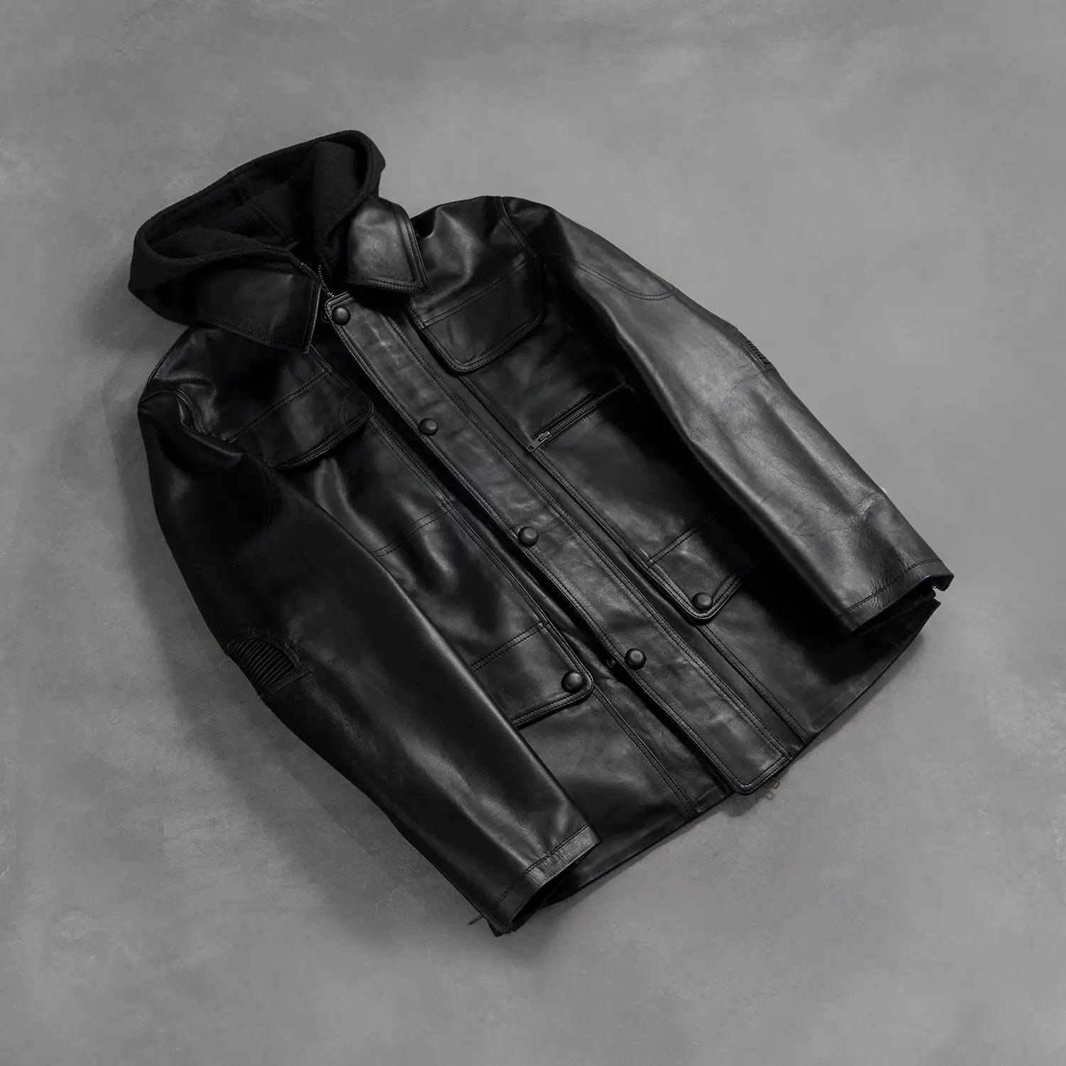 Moulder Hooded Black Leather Jacket for Men, Modern Casual Bomber Jacket, Stylish Zip-Up Moto Outerwear, Urban Streetwear Coat - Image 8