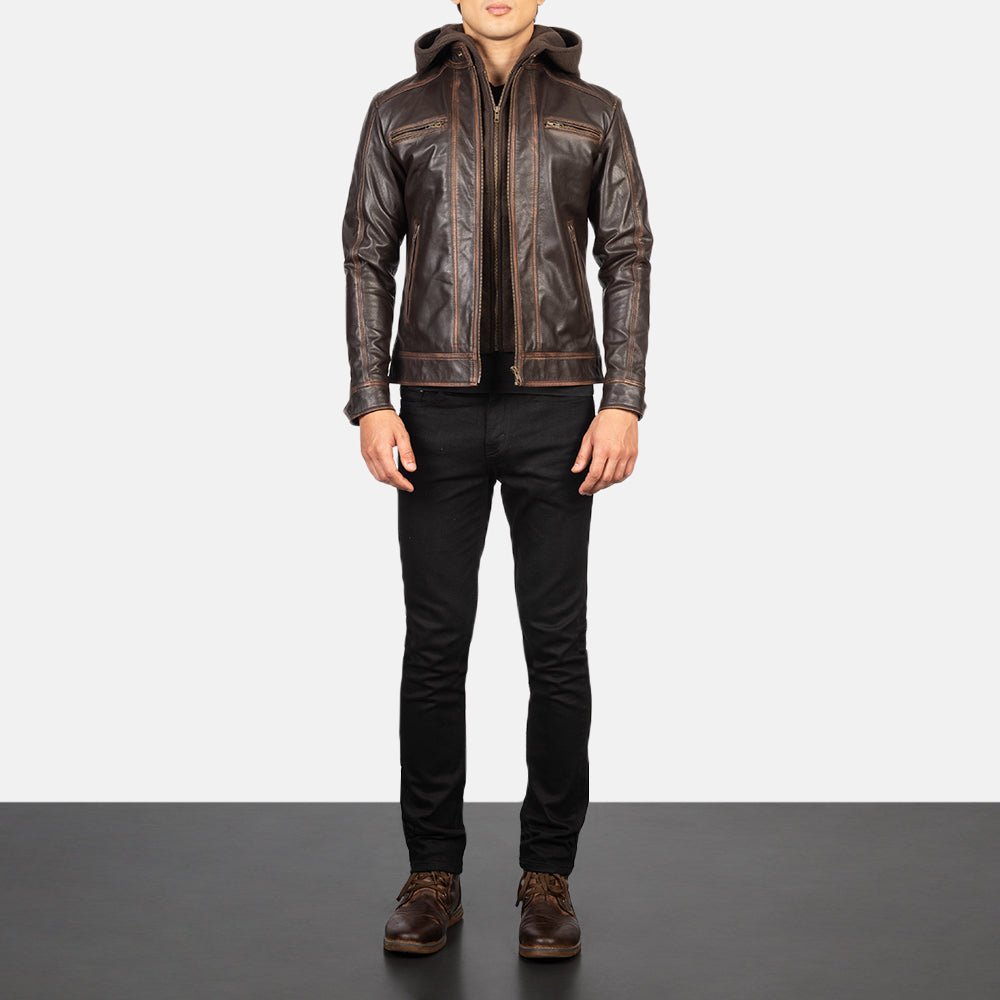 Men's Hector Vintage Brown Hooded Leather Biker Jacket - Image 3