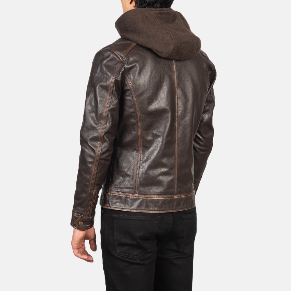 Men's Hector Vintage Brown Hooded Leather Biker Jacket - Image 4