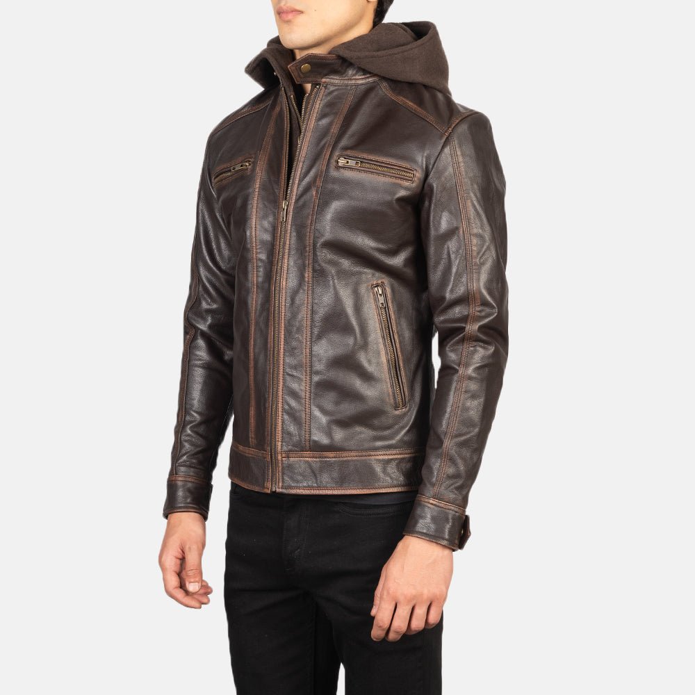 Men's Hector Vintage Brown Hooded Leather Biker Jacket - Image 5