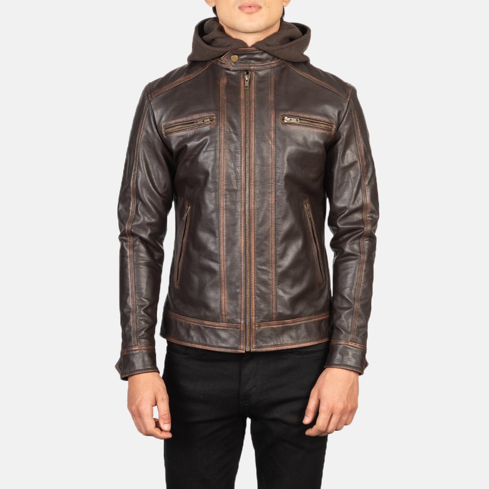 Men’s Hector Vintage Brown Hooded Leather Biker Jacket