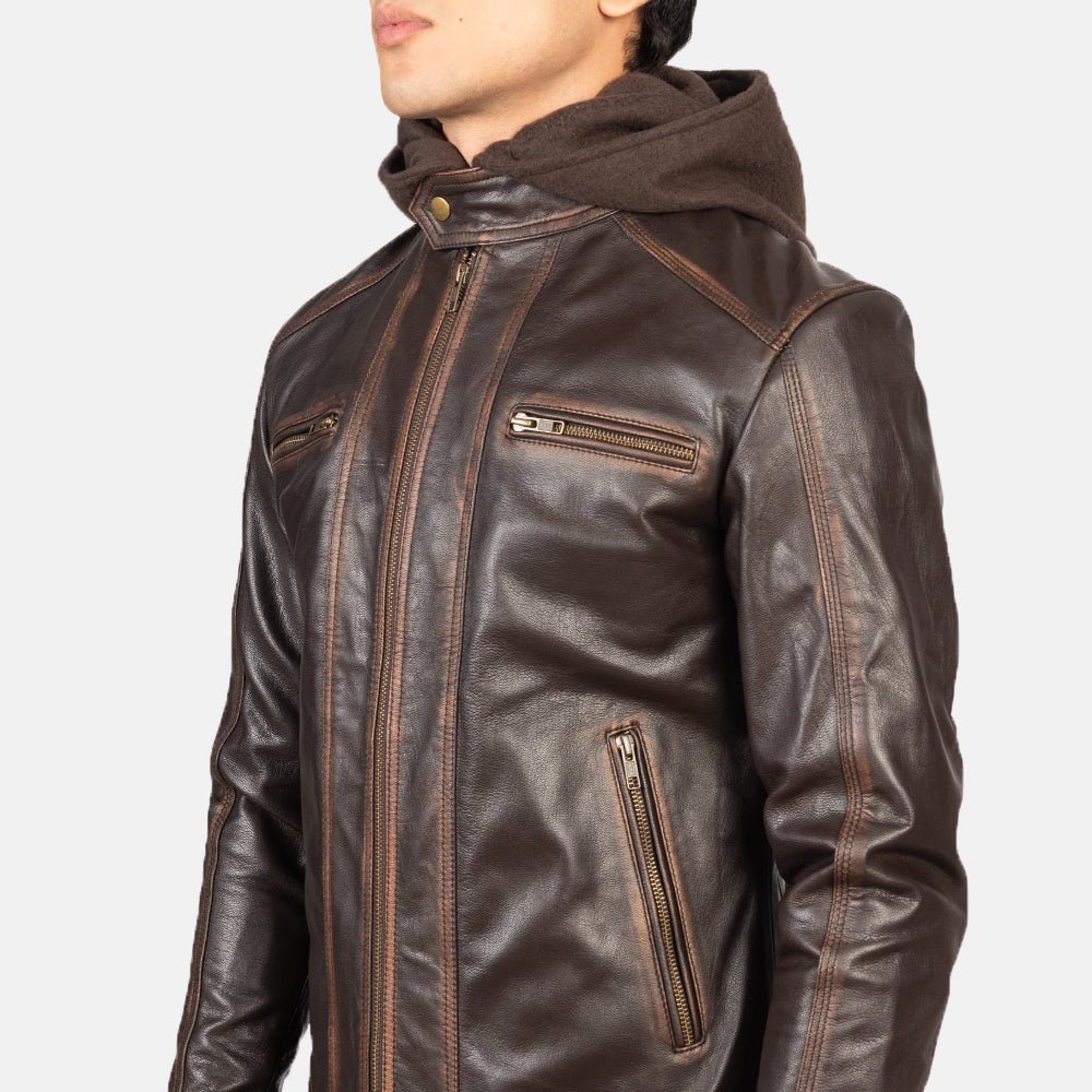 Men's Hector Vintage Brown Hooded Leather Biker Jacket - Image 6