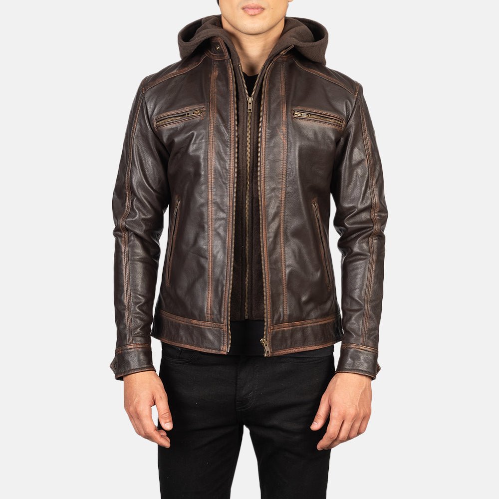 Men's Hector Vintage Brown Hooded Leather Biker Jacket - Image 2