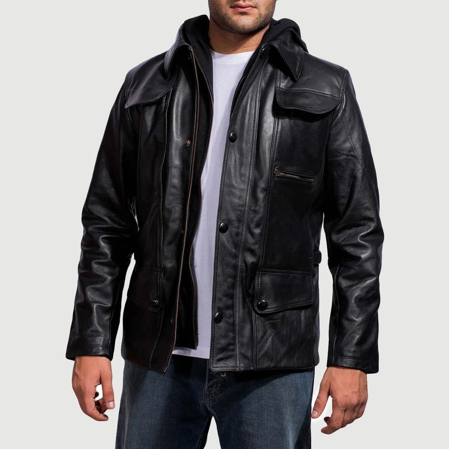 Moulder Hooded Black Leather Jacket for Men, Modern Casual Bomber Jacket, Stylish Zip-Up Moto Outerwear, Urban Streetwear Coat - Image 5