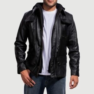 Moulder Hooded Black Leather Jacket for Men, Modern Casual Bomber Jacket, Stylish Zip-Up Moto Outerwear, Urban Streetwear Coat