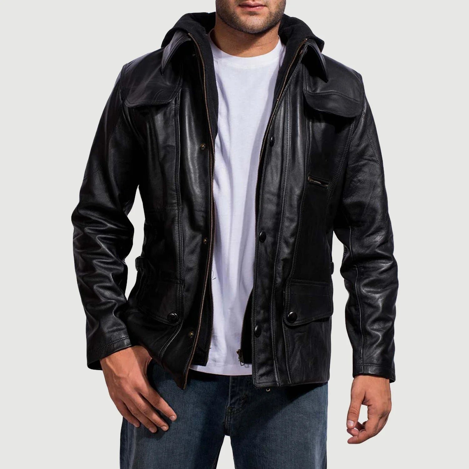 Moulder Hooded Black Leather Jacket for Men, Modern Casual Bomber Jacket, Stylish Zip-Up Moto Outerwear, Urban Streetwear Coat