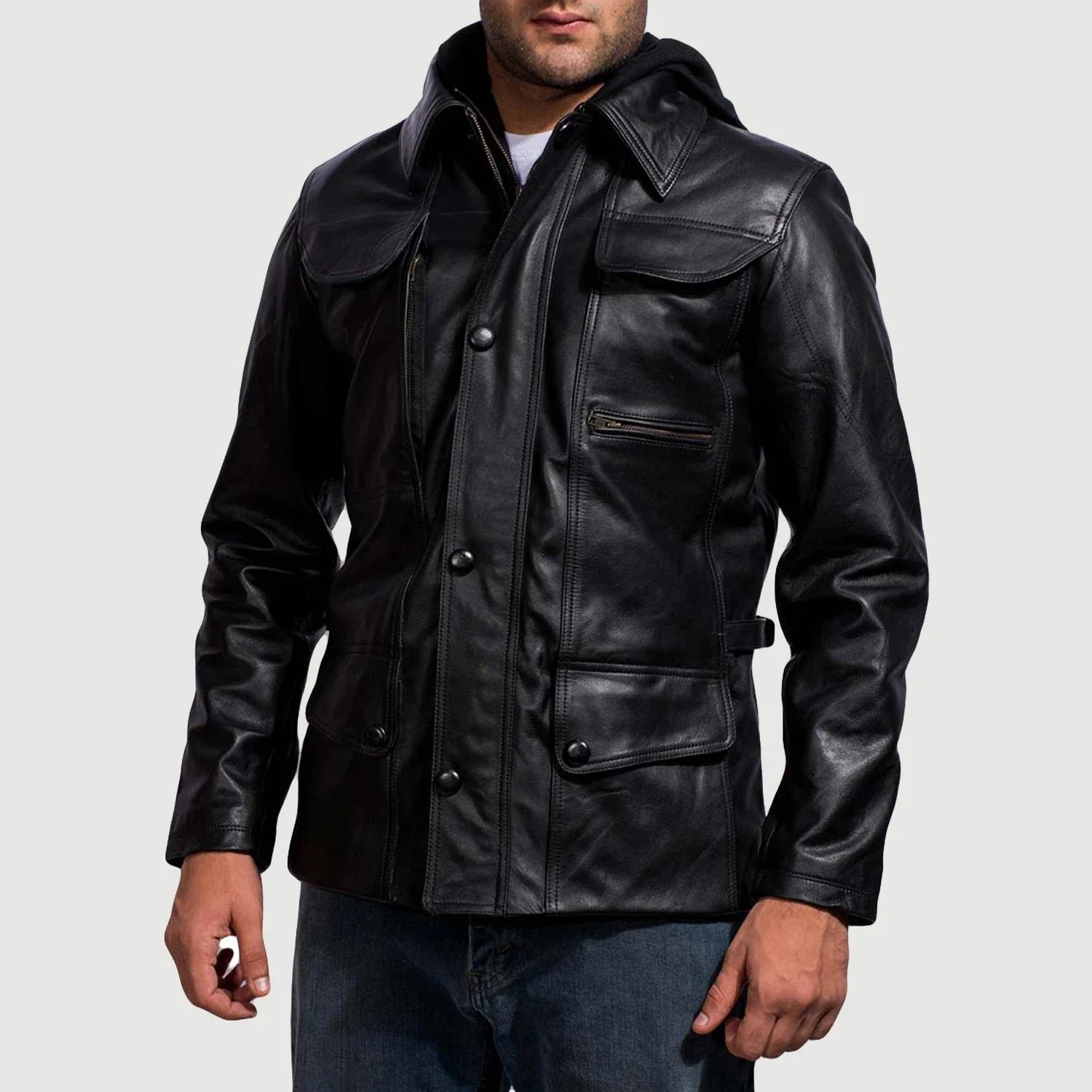 Moulder Hooded Black Leather Jacket for Men, Modern Casual Bomber Jacket, Stylish Zip-Up Moto Outerwear, Urban Streetwear Coat - Image 4