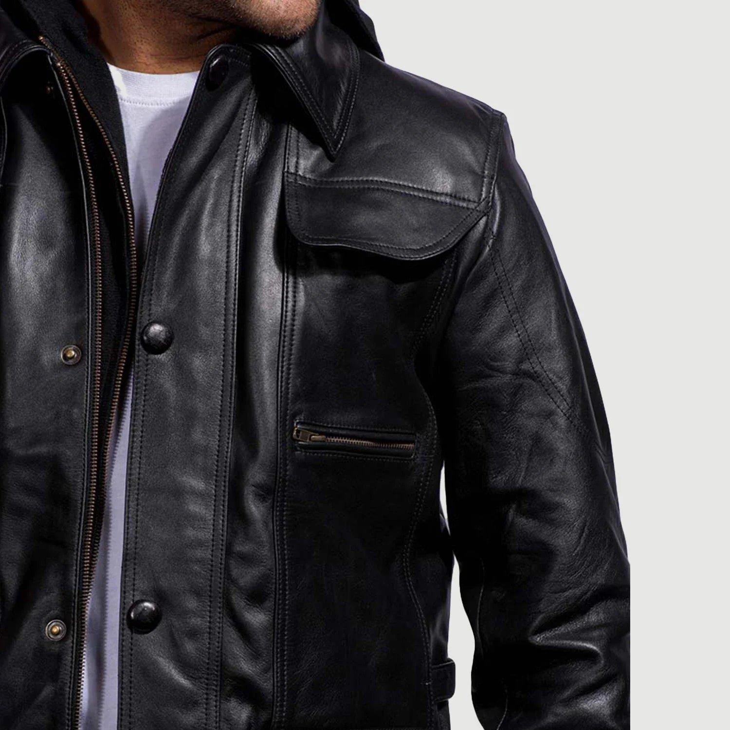 Moulder Hooded Black Leather Jacket for Men, Modern Casual Bomber Jacket, Stylish Zip-Up Moto Outerwear, Urban Streetwear Coat - Image 3