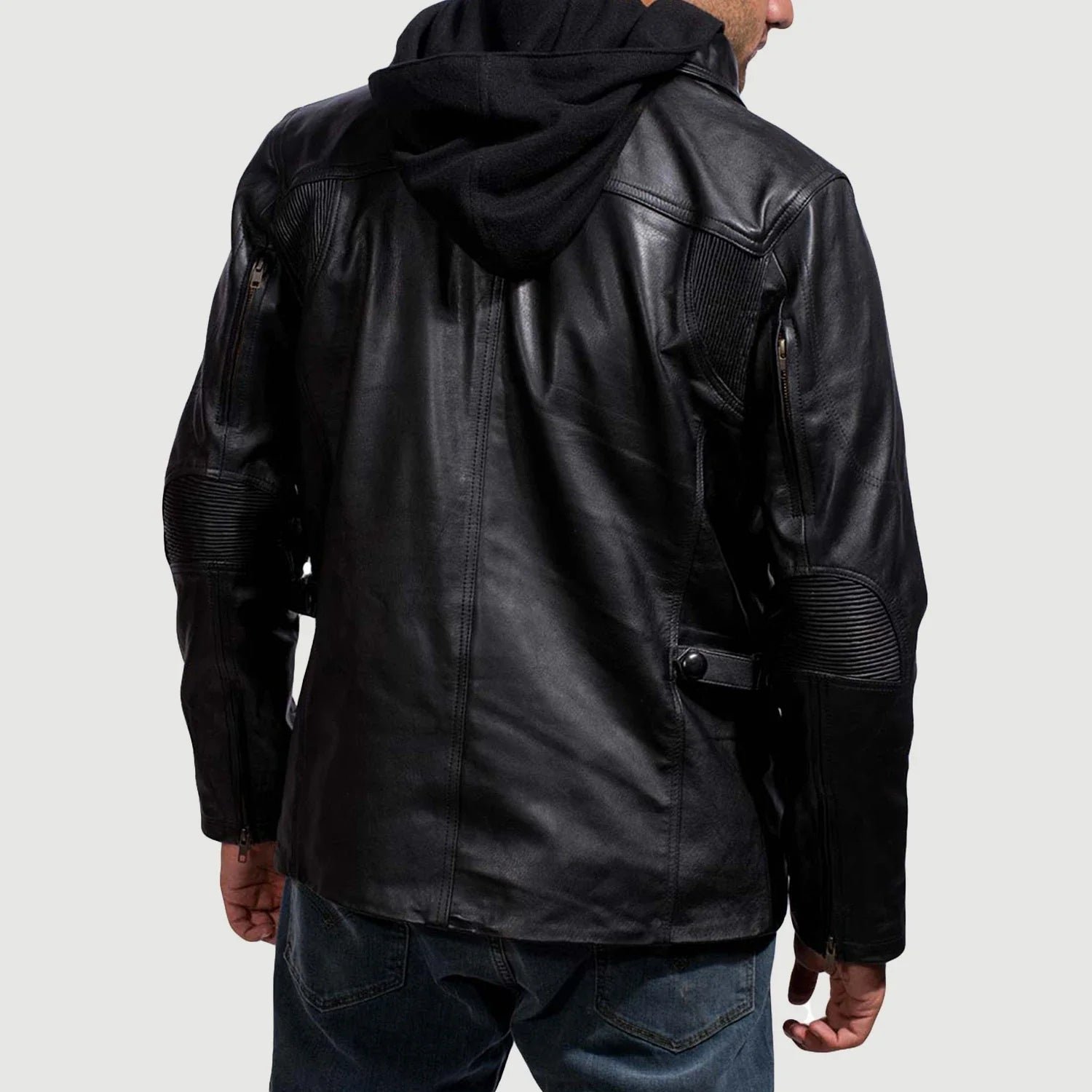 Moulder Hooded Black Leather Jacket for Men, Modern Casual Bomber Jacket, Stylish Zip-Up Moto Outerwear, Urban Streetwear Coat - Image 6