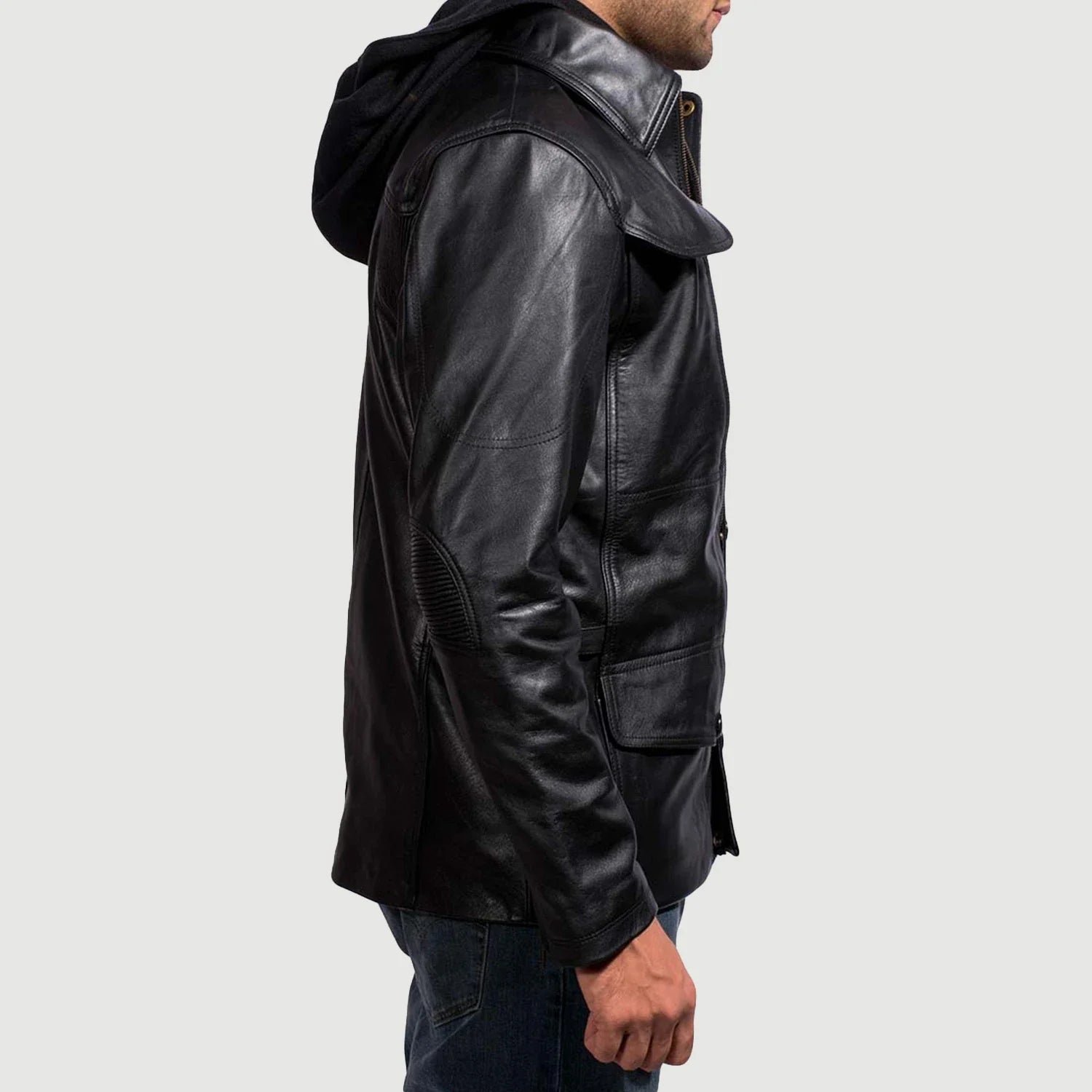 Moulder Hooded Black Leather Jacket for Men, Modern Casual Bomber Jacket, Stylish Zip-Up Moto Outerwear, Urban Streetwear Coat - Image 2