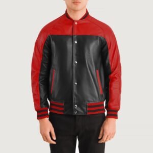 Terrance Black & Red Leather Varsity Jacket for Men, Two Tone Letterman Jacket, Leather Bomber Coat, Stylish Streetwear Outerwear