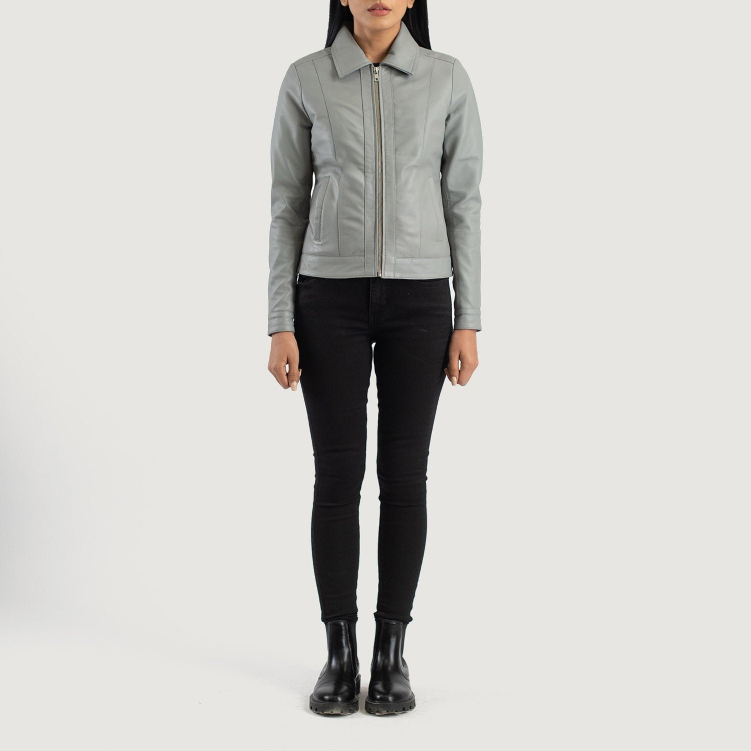 Vixen Grey Classic Collar Leather Jacket for Women, Stylish Zip-Up Moto Coat, Minimalist Casual Outerwear, Modern Everyday Jacket - Image 3