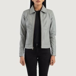 Vixen Grey Classic Collar Leather Jacket for Women, Stylish Zip-Up Moto Coat, Minimalist Casual Outerwear, Modern Everyday Jacket