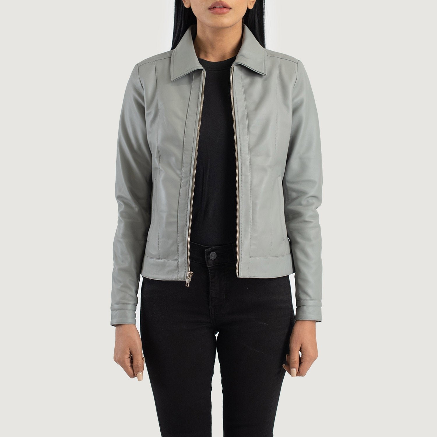 Vixen Grey Classic Collar Leather Jacket for Women, Stylish Zip-Up Moto Coat, Minimalist Casual Outerwear, Modern Everyday Jacket