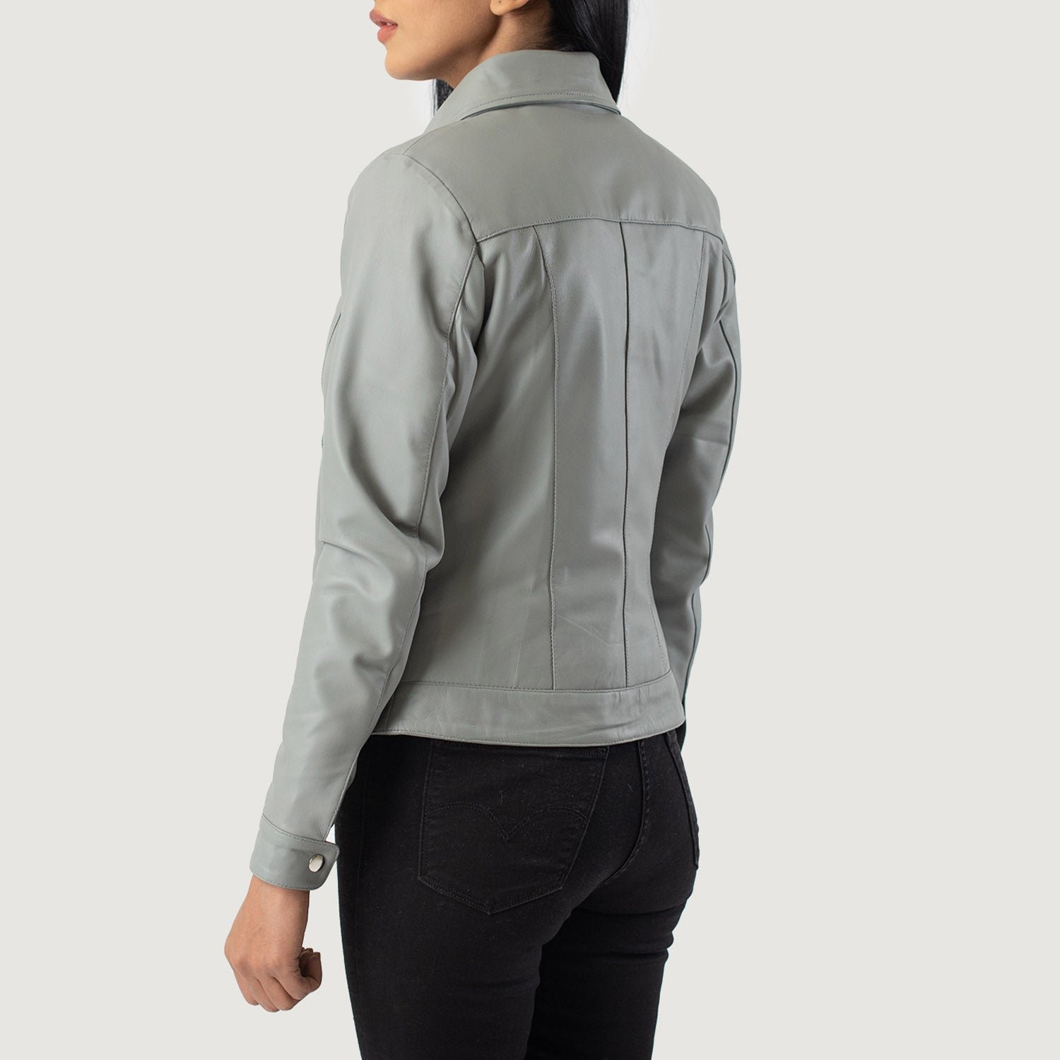 Vixen Grey Classic Collar Leather Jacket for Women, Stylish Zip-Up Moto Coat, Minimalist Casual Outerwear, Modern Everyday Jacket - Image 5
