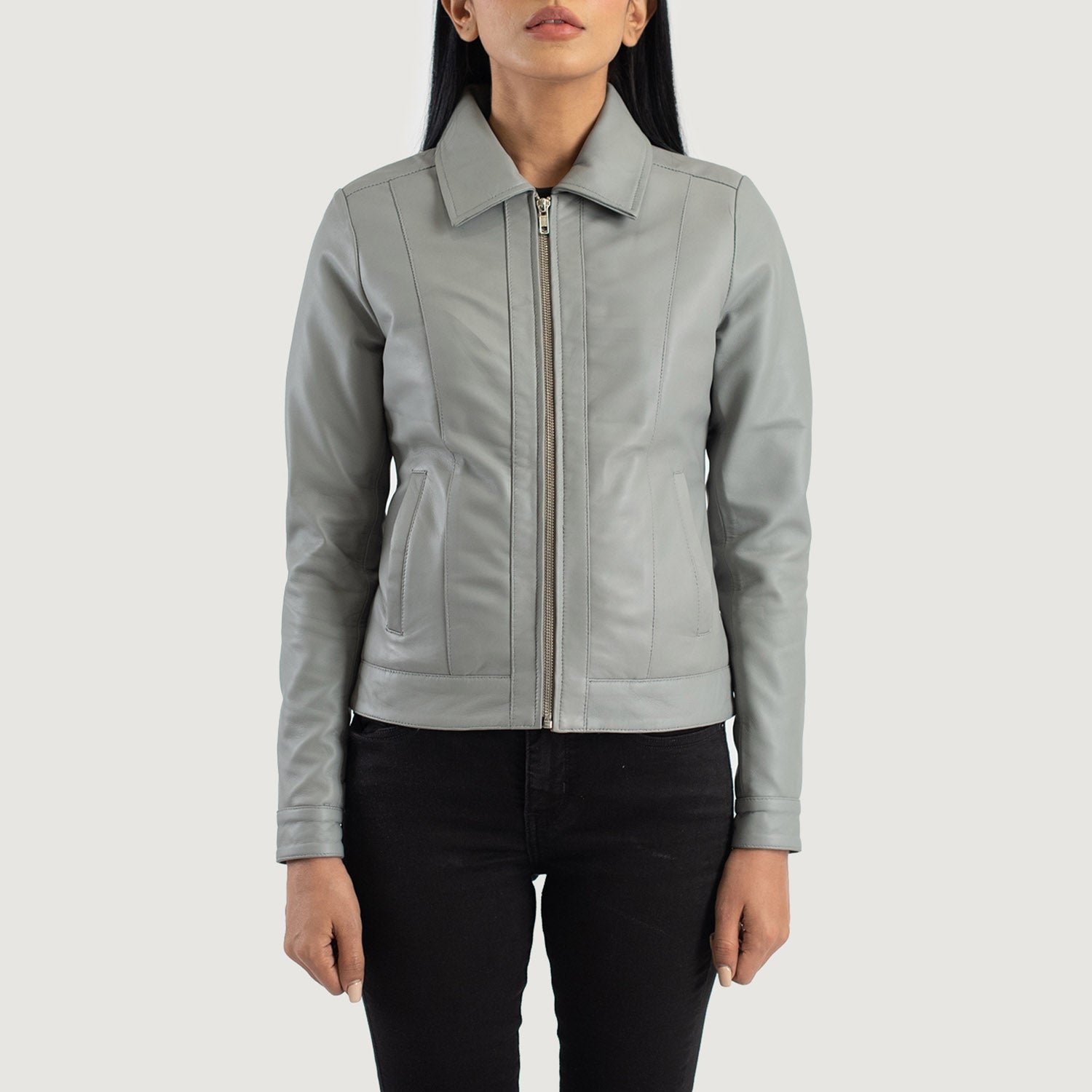 Vixen Grey Classic Collar Leather Jacket for Women, Stylish Zip-Up Moto Coat, Minimalist Casual Outerwear, Modern Everyday Jacket - Image 4