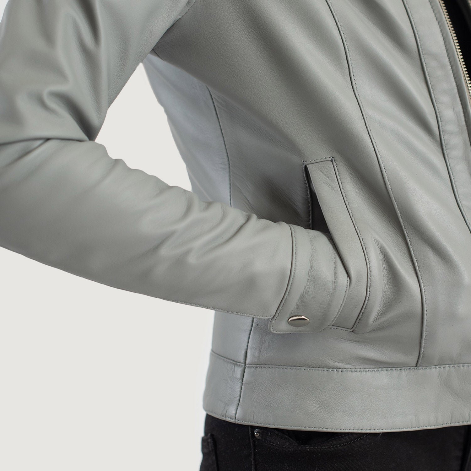 Vixen Grey Classic Collar Leather Jacket for Women, Stylish Zip-Up Moto Coat, Minimalist Casual Outerwear, Modern Everyday Jacket - Image 6