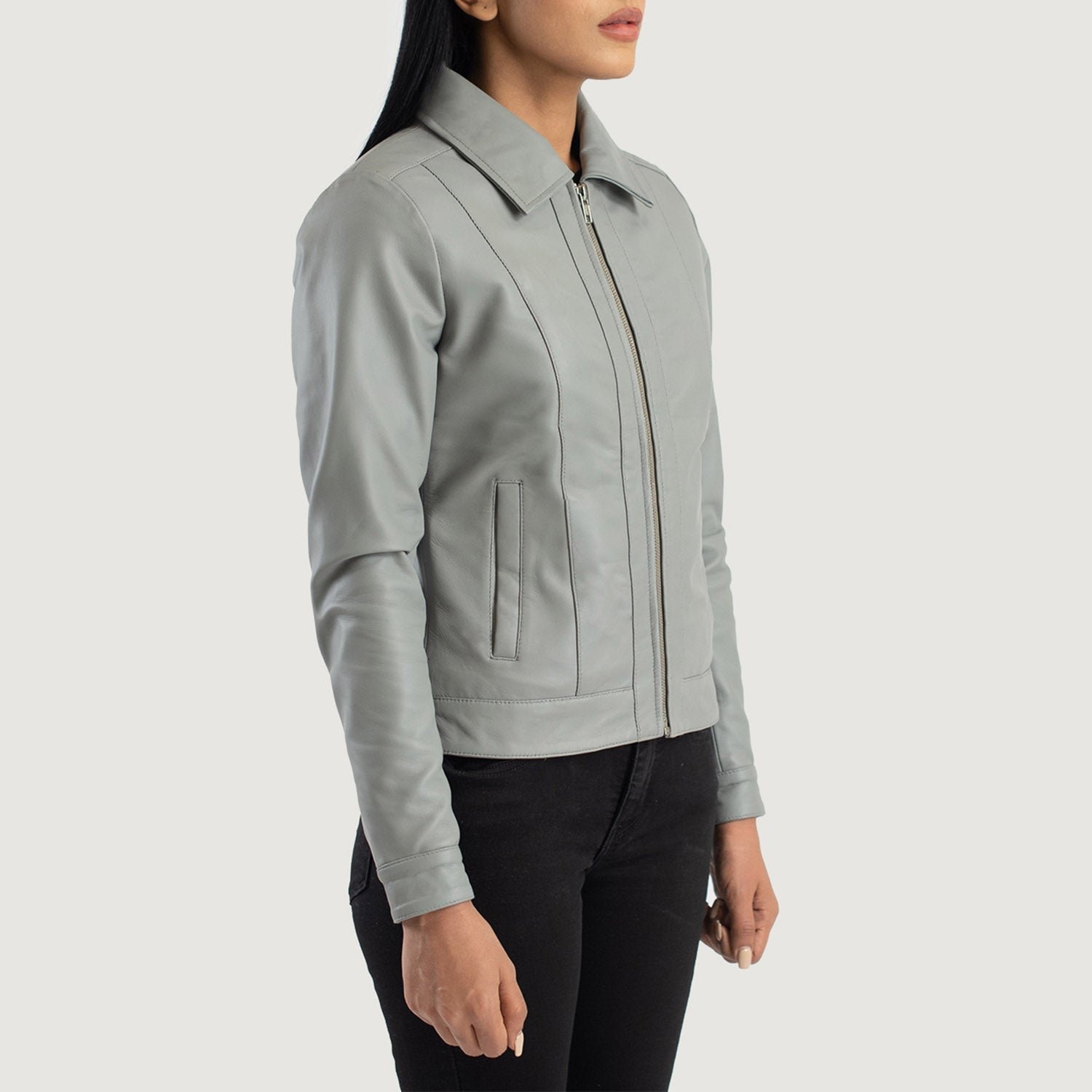 Vixen Grey Classic Collar Leather Jacket for Women, Stylish Zip-Up Moto Coat, Minimalist Casual Outerwear, Modern Everyday Jacket - Image 2