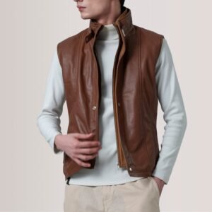 Zane Waxed Brown Leather Vest for Men, Vintage Motorcycle Biker Vest, Sleeveless Leather Waistcoat, Rugged Moto Rider Outerwear