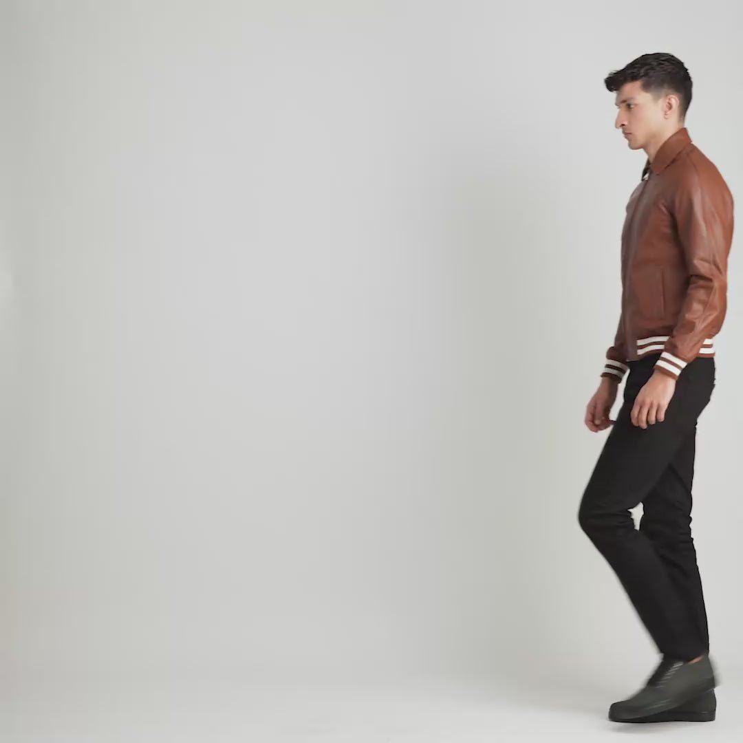 Walton Brown Leather Varsity Jacket for Men, Classic Letterman Jacket, Leather Bomber Coat, Stylish Casual Streetwear Outerwear - Image 6