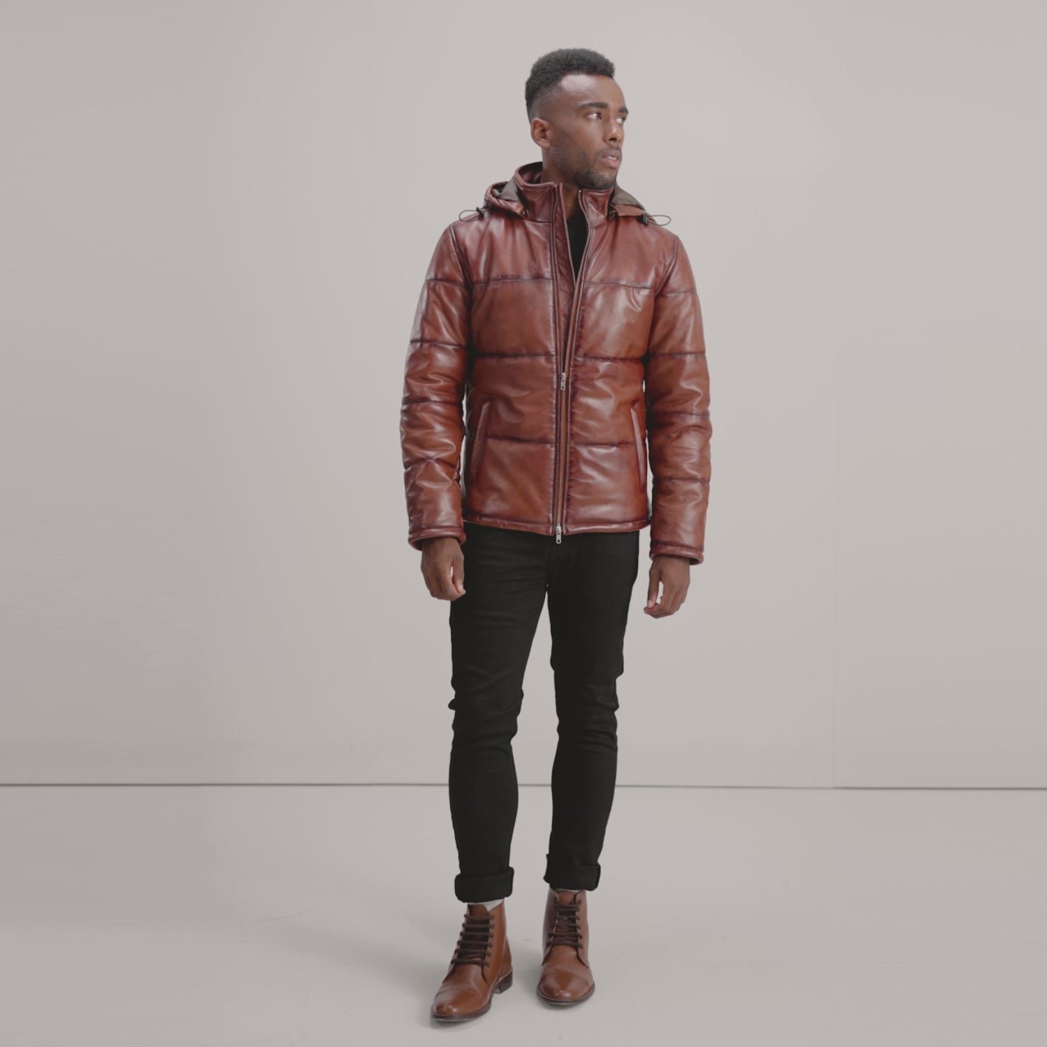 Gordon Waxed Brown Hooded Leather Puffer Jacket for Men, Winter Padded Jacket, Casual Hooded Outerwear, Rugged Streetwear Coat - Image 6