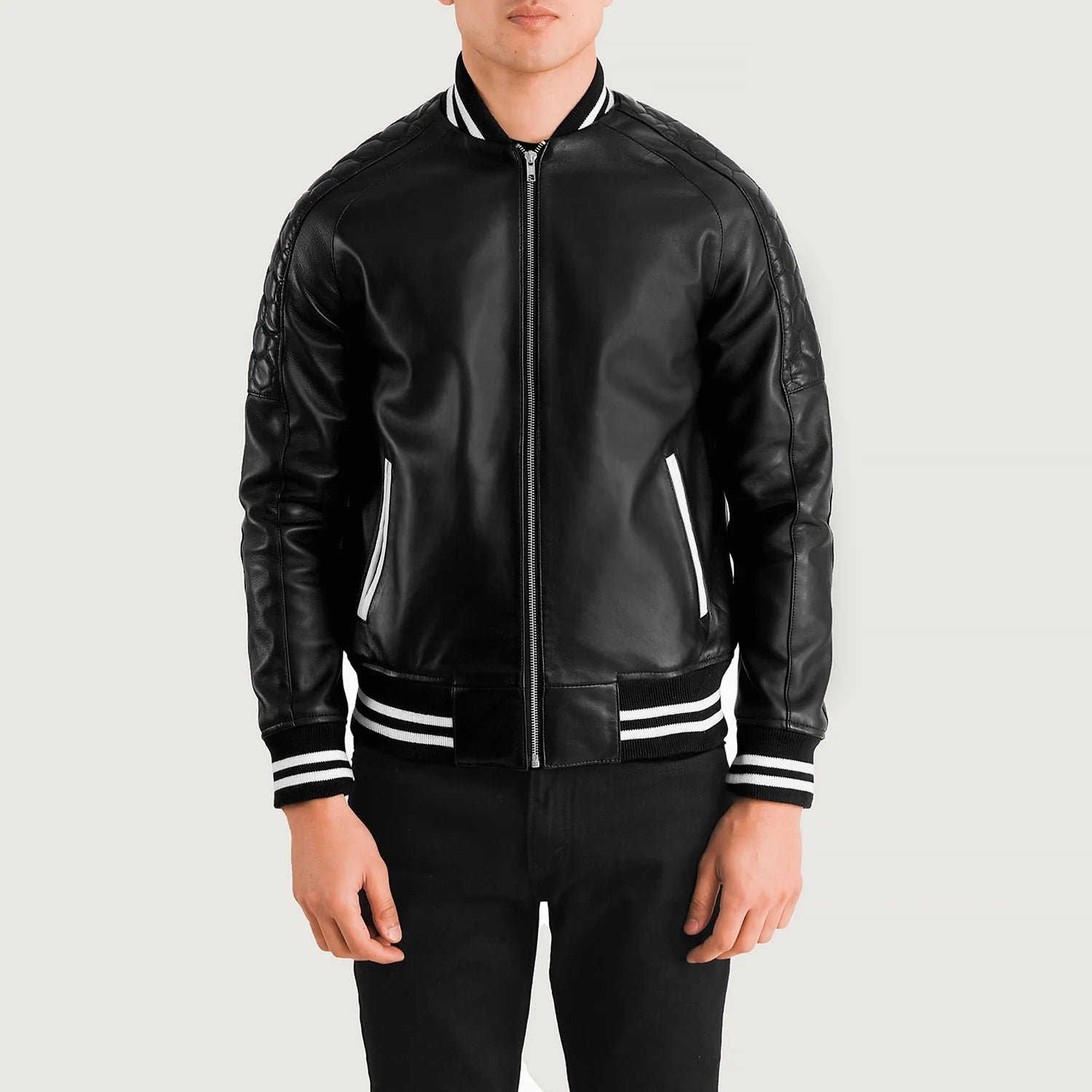 Pascal Black Leather Varsity Jacket for Men, Classic Letterman Jacket, Leather Bomber Coat, Stylish Casual Streetwear Outerwear
