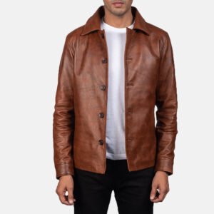 Men's Waffle Brown Leather Jacket, Stylish Textured Casual Outerwear