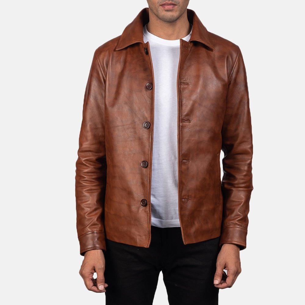 Men's Waffle Brown Leather Jacket, Stylish Textured Casual Outerwear
