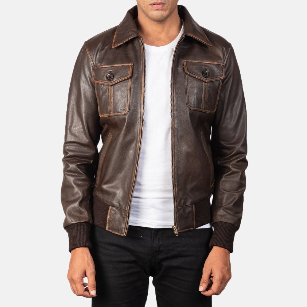 Aaron Brown Leather Bomber Jacket for Men, Vintage Aviator Flight Jacket, Classic Casual Streetwear Outerwear