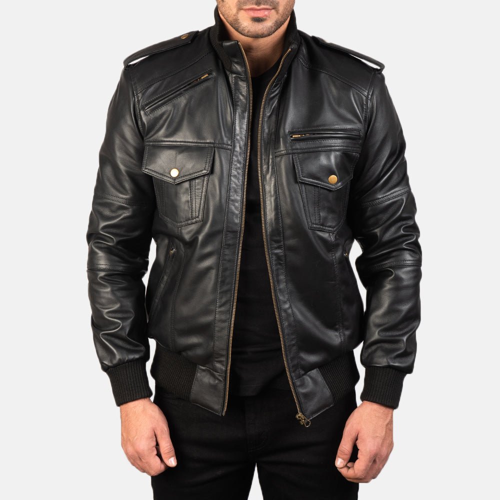 Agent Shadow Black Leather Bomber Jacket for Men, Classic Aviator Flight Jacket, Vintage Style Motorcycle Outerwear