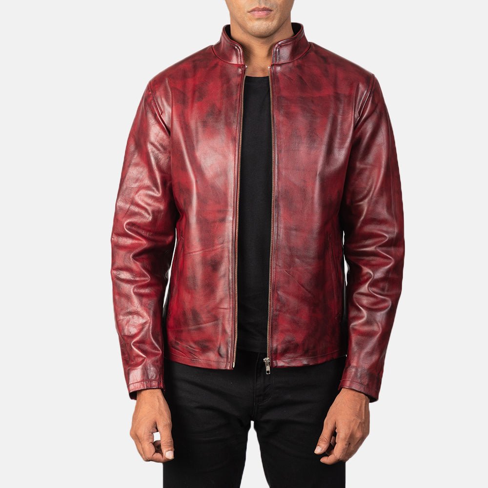 Men’s Alex Distressed Burgundy Leather Jacket, Vintage Casual Outerwear
