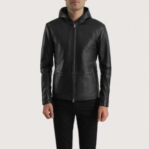 Andy Matte Black Hooded Leather Jacket for Men, Modern Casual Moto Jacket, Zip-Up Hooded Outerwear, Stylish Streetwear Coat