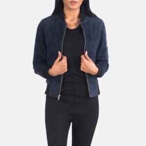 Ava MA-1 Blue Suede Bomber Jacket for Women, Classic Flight Jacket, Stylish Zip-Up Outerwear, Modern Casual Streetwear Coat